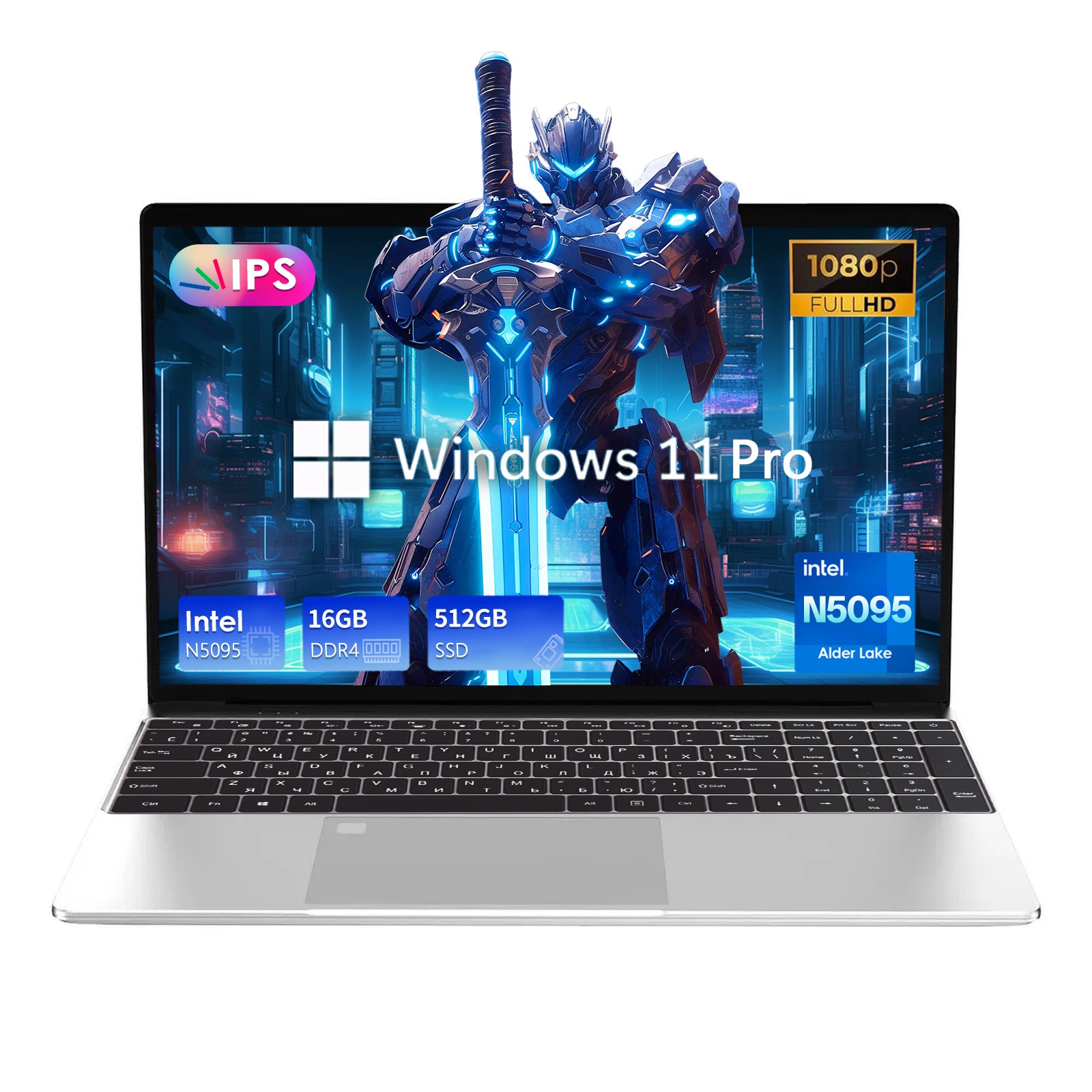 Laptop de 15.6 inchi 16GB 512 GB Celeron N5095 4 nuclee, 1920X1080P, Win 11 Pro, cu ventilator de racire, WiFi dual, Argent metalic