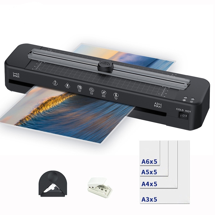 Masina de laminare de 13 inchi, la rece si termica, pentru A3/A4/A5/A6, taietor de hartie incorporat si rotunjitor de colt, masina de laminat A3 pentru clasa, scoala acasa, negru