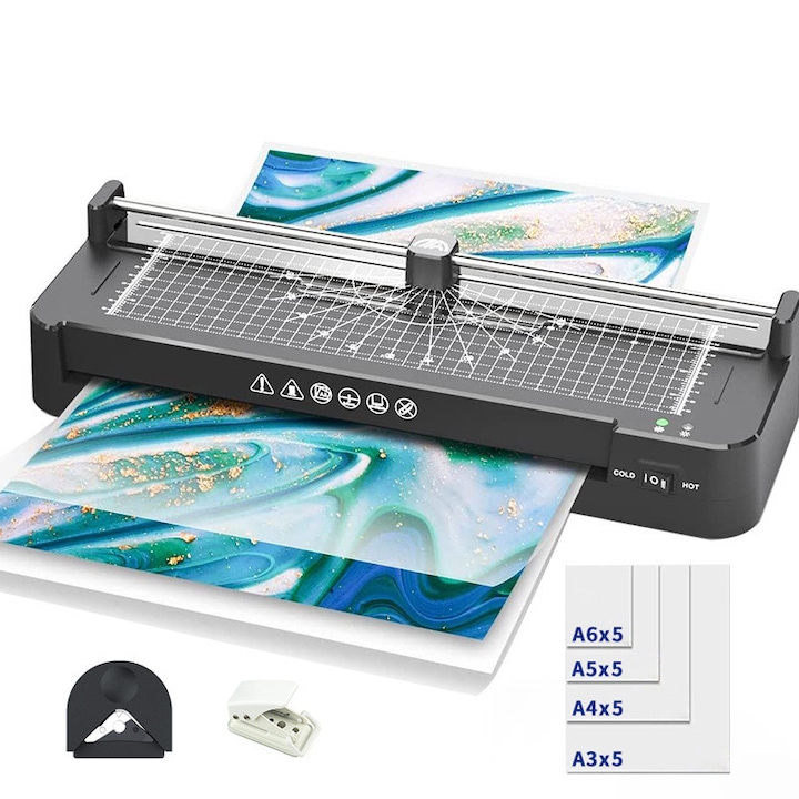 Masina de laminare termica cu indicator luminos, pentru A3/A4/A5/A6, mod rece si fierbinte, cu trimmer de hartie, rotunjitor de colt, incalzire rapida si indepartare inteligenta a peliculei, pentru birou, acasa, scoala, negru