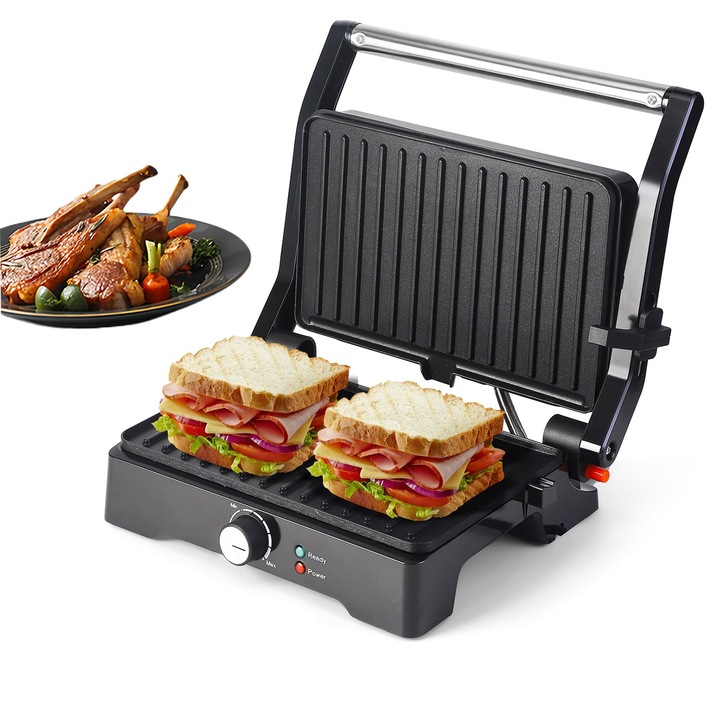 Sandwich maker/gratar electric, SOKANY, 1500 W, Deschidere 180°, Incalzire pe doua fete, Design tigaie antiaderente, Gratar Panini Presa, Indicator LED, Usor de Curatat, Portabil, Argintiu/Negru