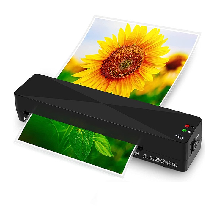 Mini laminálógép, 2R méretű papírokat fogad A4-es méretig, hideg és meleg üzemmód, gyors felfűtés, iskolába, otthoni irodába, fekete