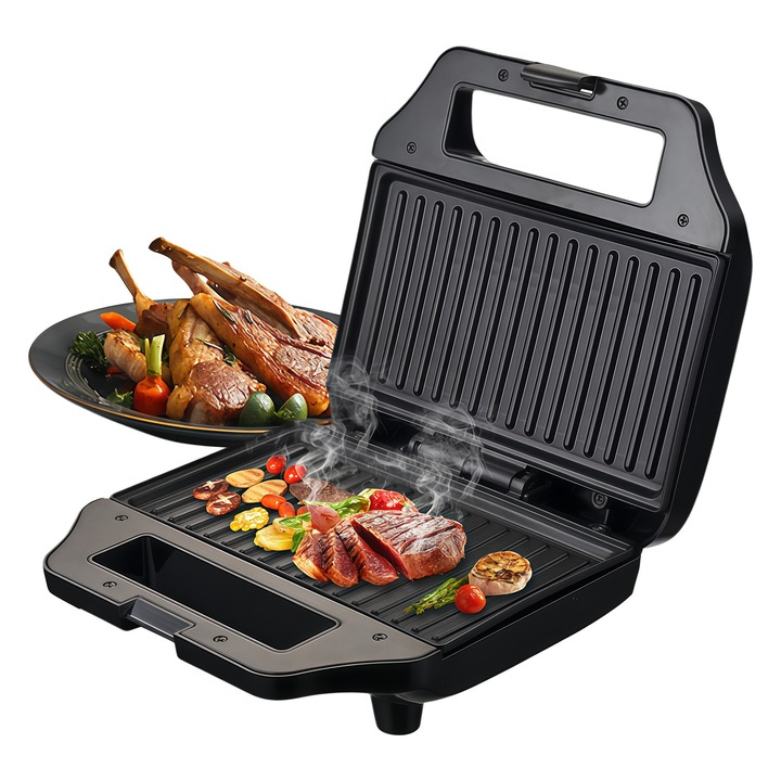 Sandwich-maker SOKANY, Putere de 750 W, Incalzire pe doua fete, Placi nonaderente, Gratar Panini Presa, Indicator LED, Usor de Curatat, Portabil, Gri metalizat