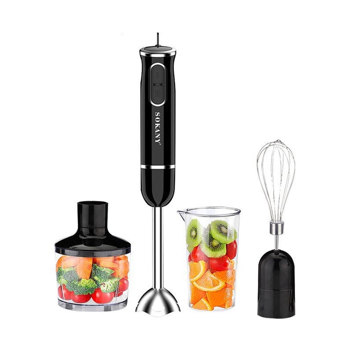 Blender de mana 4 in 1, SOKANY, 400 W, multifunctional, usor de curatat si depozitat, blender de mana cu imersie, lame din inox, negru