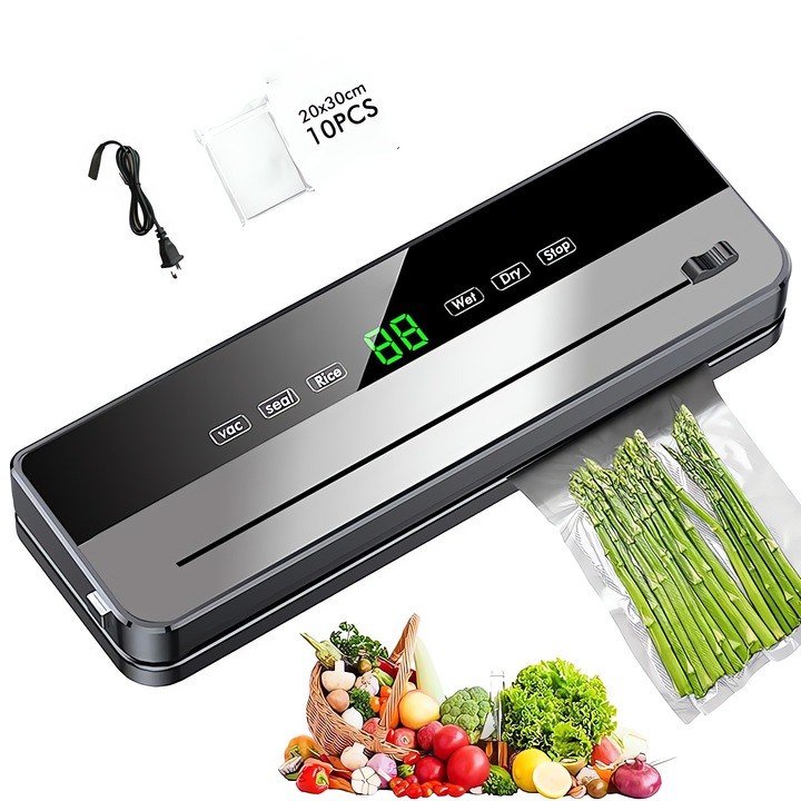 Masina de vidat alimente, putere de 120W, 60Kpa, control tactil manual, sase moduri de sigilare, sterilizare cu ultraviolete, latime de sigilare de 30 cm, include 10 pungi de vidat, culoare gri, potrivita pentru alimente