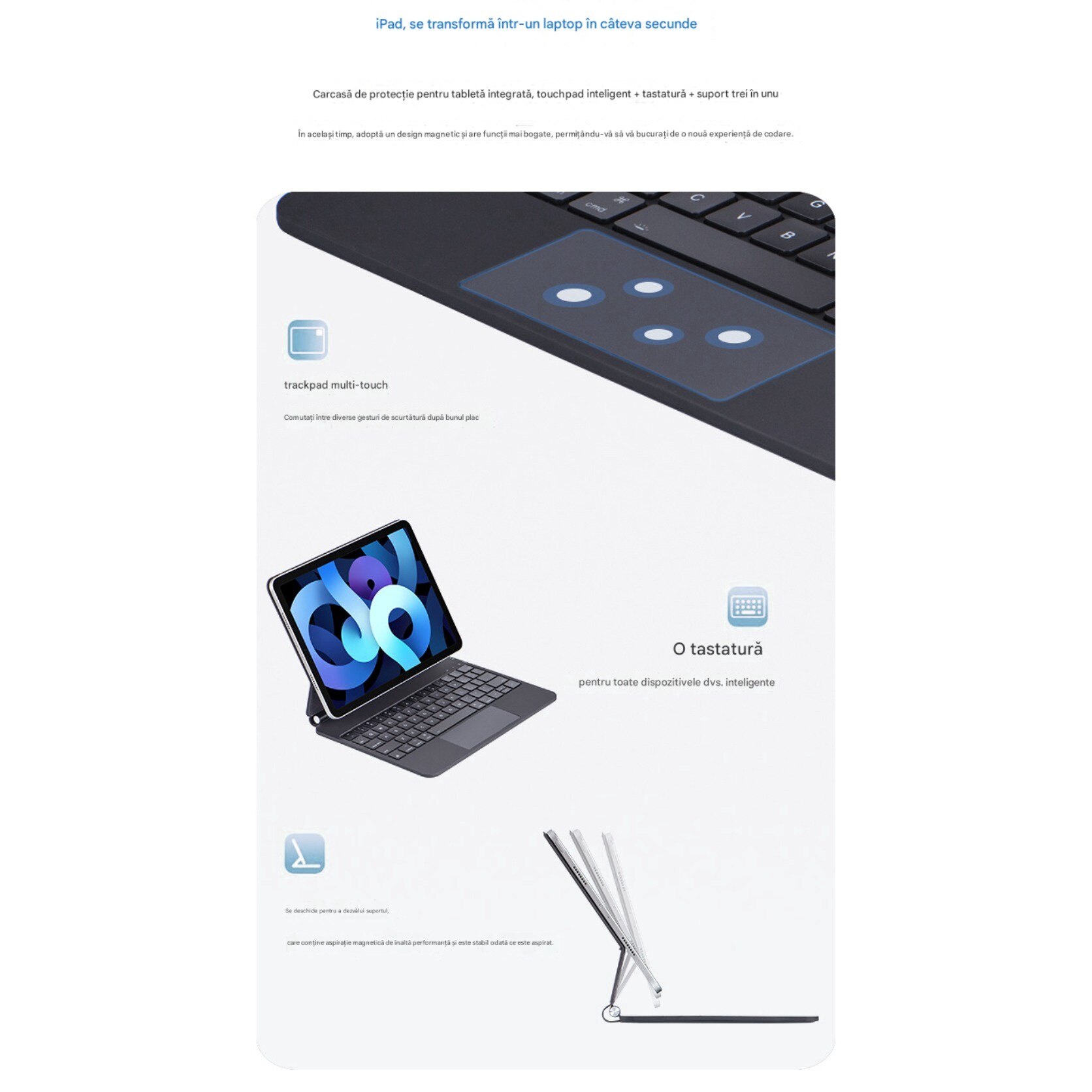 Husa cu tastatura pentru iPad Pro 13" 2024, 2in1, alb, cu suport, PC, Suport magnetic super puternic, moduri multiple de vizualizare, navigatie rapida, butoane stil foarfece