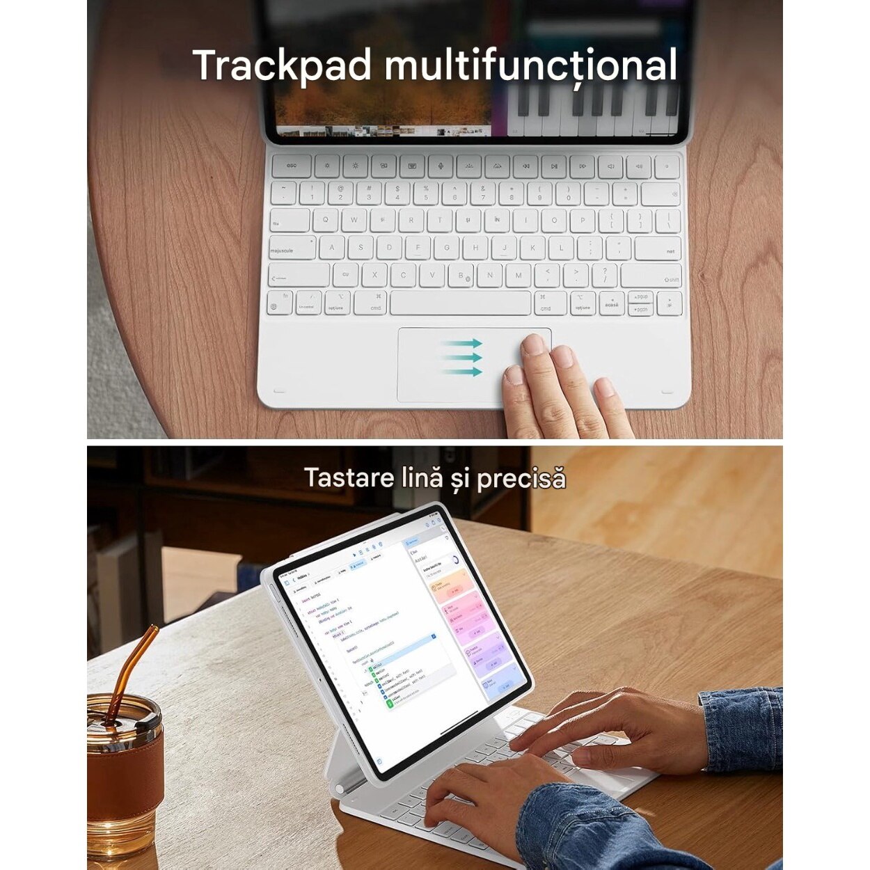Husa cu tastatura pentru iPad Pro 13" 2024, 2in1, alb, cu suport, PC, Suport magnetic super puternic, moduri multiple de vizualizare, navigatie rapida, butoane stil foarfece