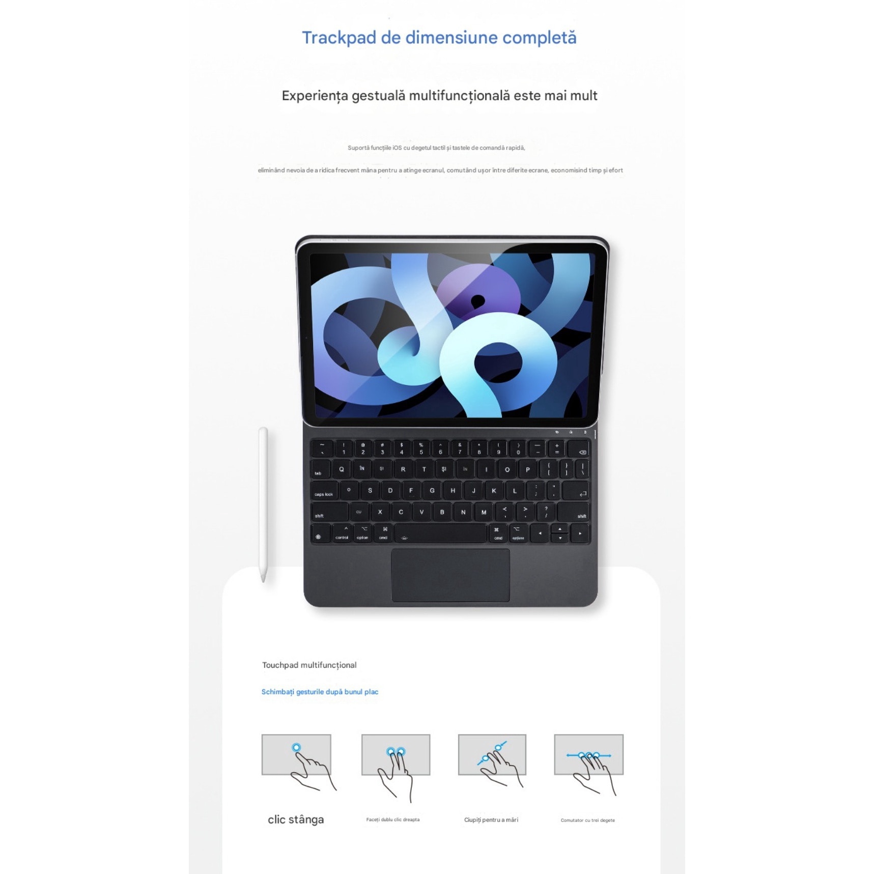 Husa cu tastatura pentru iPad Pro 13" 2024, 2in1, alb, cu suport, PC, Suport magnetic super puternic, moduri multiple de vizualizare, navigatie rapida, butoane stil foarfece