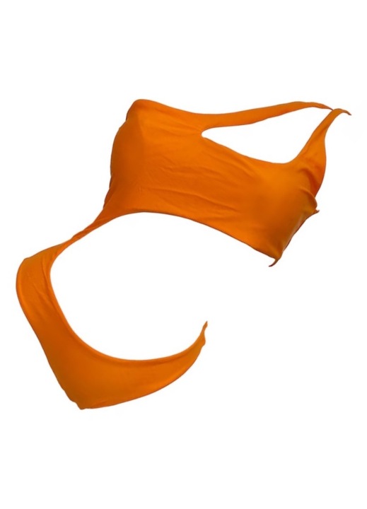 Costum de baie dama, o piesa, slip tanga si sutien cu prindere pe un umar, marime M, Poliester, confortabil si respirabil, elastic, design gol, perna de piept detasabila, culoare galben portocaliu