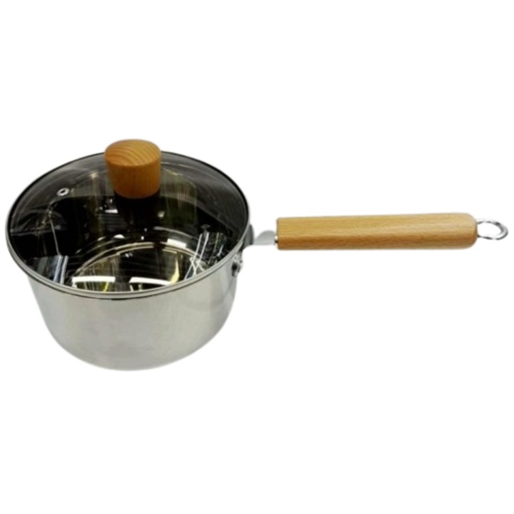 Craticioara cu coada si capac, Otel inoxidabil+Sticla+Lemn, 18 cm