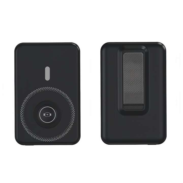 Power bank magnetic, Baterie externa, Vine cu suport, incarcare wireless 15W, 5000mAh, negru