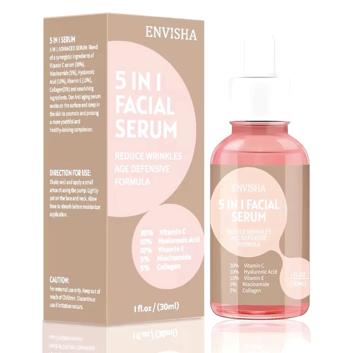 Ser Facial 5 in 1 Alhena® Envisha, Revitalizant pentru Piele cu Acid Hialuronic, Niacinamida, Vitamina C si E, Tratament Antirid, Antiacnee, Albire, Depigmentare, Exfoliere si Micsorarea Porilor, Culoare Transparent, 30 ml