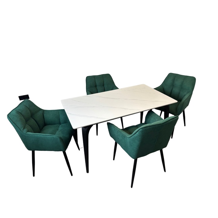 Set masa fixa Co-Pavia cu 4 scaune verzi, blat compozit 11 mm, lucios, efect marmura fond alb, picioare si structura metal vopsit camp electrostatic, 140*80*75