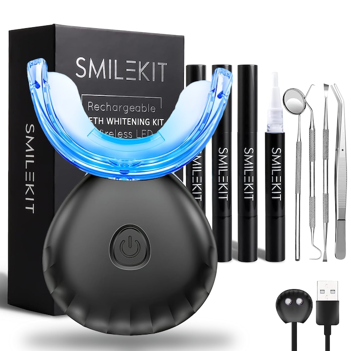 BYONDSELF® otthoni fogfehérítő készlet LED fénnyel, természetes fehérítés, 4 db fogfehérítő gél tollal/fogápoló készlettel, fekete