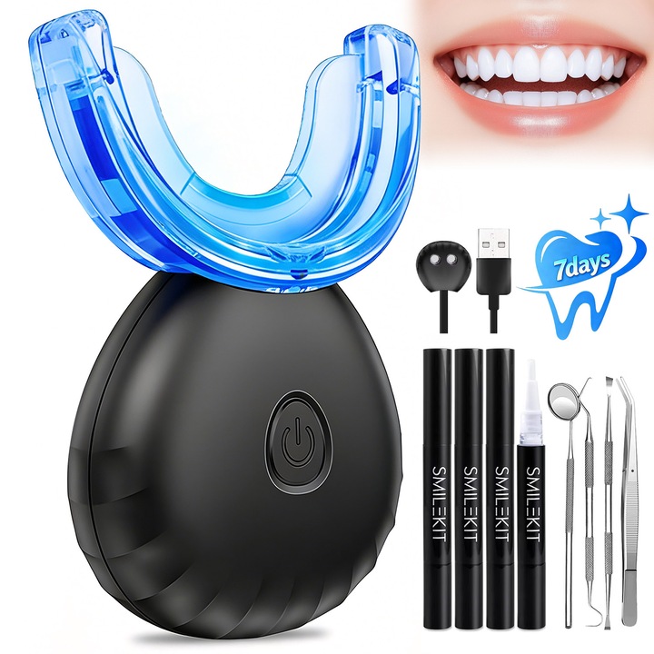 Kit Albire a Dintilor pentru Uz Casnic, BYONDSELF®, cu Lumina LED, Albire Naturala, Inclusiv 4 Pixuri cu Gel pentru Albirea Dintilor/Set de Ingrijire a Dintilor, Negru