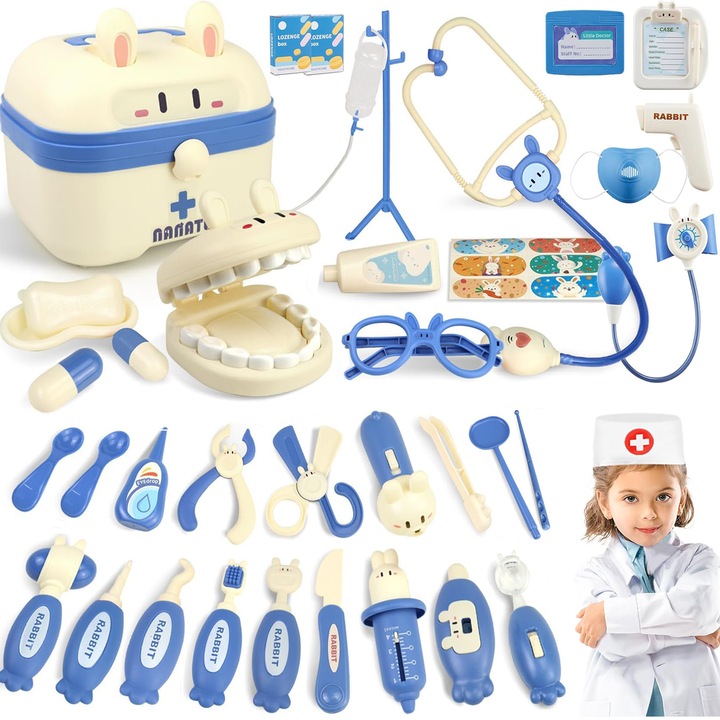 Set joaca doctor, BYONDSELF®, 44 pcs, cu Sunete si Lumini, Uniforma de Medic, Stetoscop, Husa de Transport, 3+ Ani, Albastru
