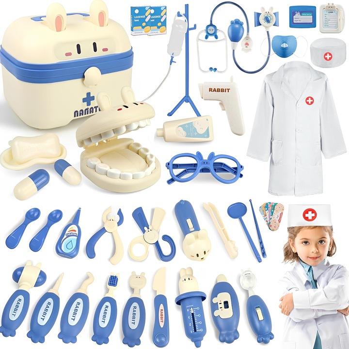 Set joaca doctor, BYONDSELF®, 44 pcs, cu Sunete si Lumini, Uniforma de Medic, Stetoscop, Husa de Transport, 3+ Ani, Albastru