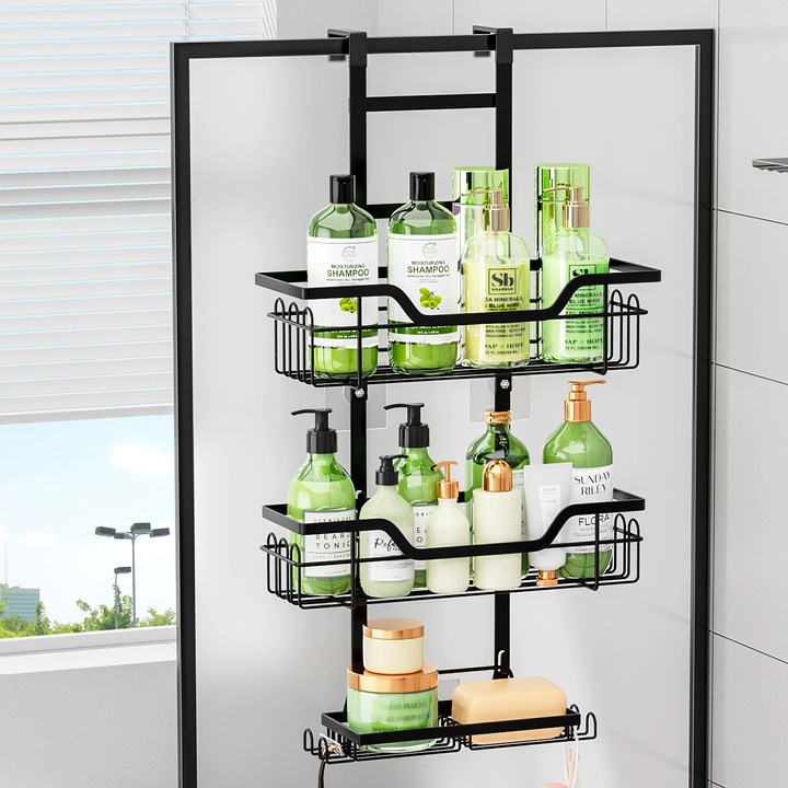 Raft de Dus, BYONDSELF®, 3 Niveluri, Design Suspendat, cu 4 Carlige, Otel Inoxidabil, nu Necesita Gaurire, Negru