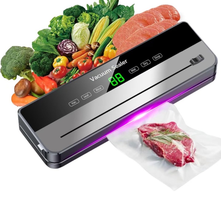 Aparat de Vidat, 120 W, automata, taietor incorporat, 6 in 1 pentru conservarea alimentelor uscate/umede, cu 50 de pungi de vid，negru/argintiu