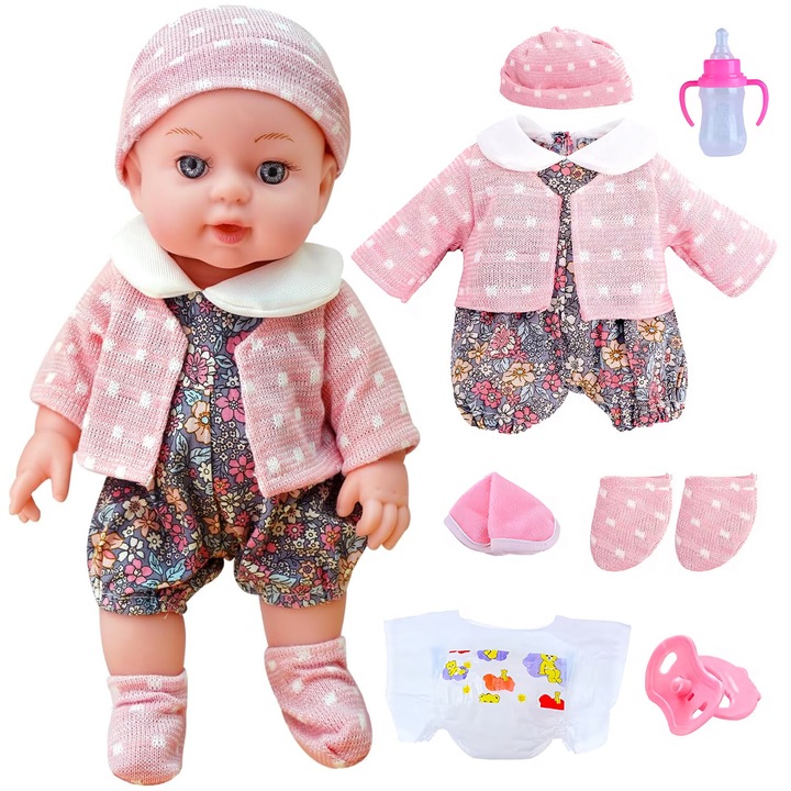 Papusa Bebelus, BYONDSELF®, cu Biberon, Suzeta, Scutec, Imbracaminte Detasabila, 30 cm, Roz