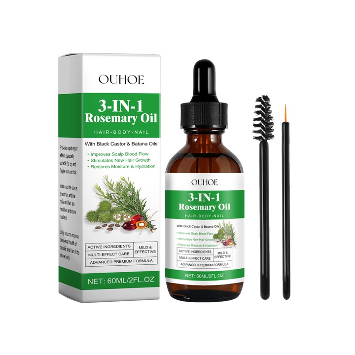 Ulei premium 3 in 1 cu Batana, Rozmarin si Ricin, 100% Natural pentru cresterea parului, unghii, tratarea scalpului si pielii, OUHOE 60 ml