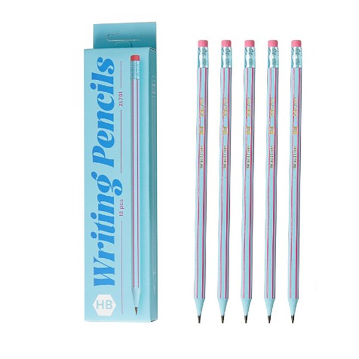 Set 12 Creioane Negre, HB, pentru Scoala, cu Radiera, Model Albastru Deschis-Roz, 19 cm