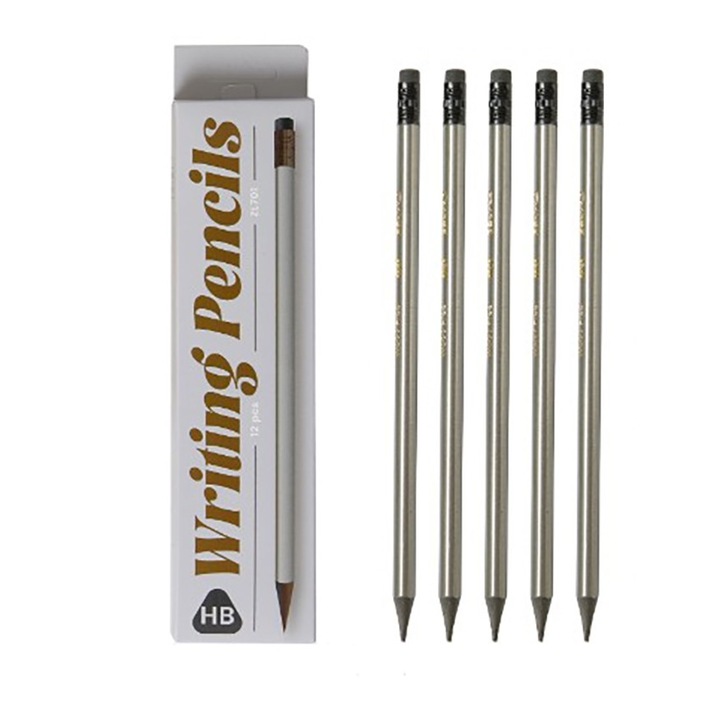 Set 12 Creioane Negre, HB, pentru Scoala, cu Radiera, Model Gri, 19 cm