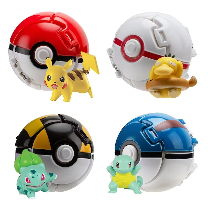 4 darabos Pokémon játéklabda készlet, masszív és tartós, műanyag, 7 cm, többszínű, Pikachu/Bulbasaur