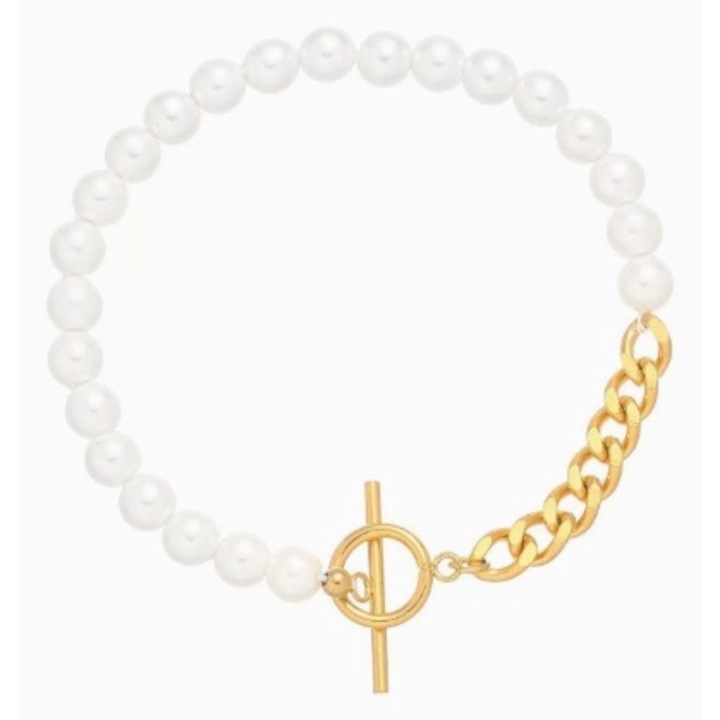 Karkötő, natúr fehér gyöngy 6,5mm, összecsukható csattal, arany