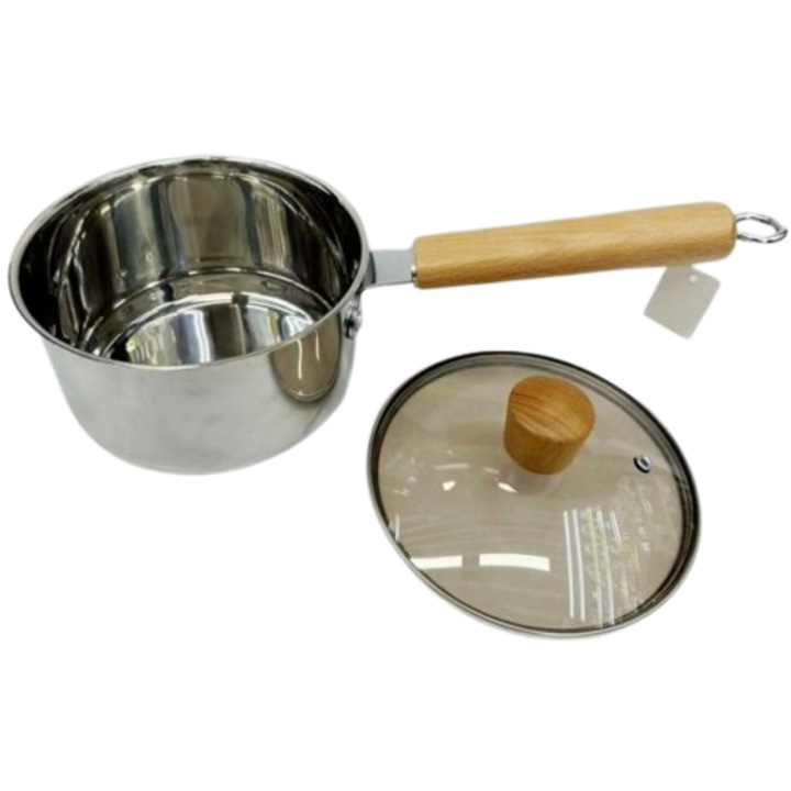 Craticioara cu coada si capac, Blusmart, inox/Sticla/Lemn, 16 cm