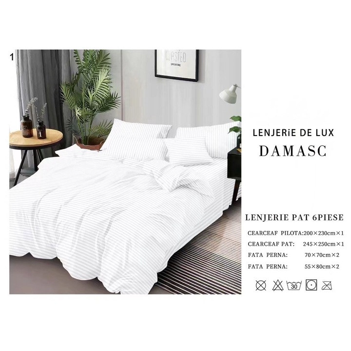 Lenjerie De Pat Din Damasc 6 Piese - Alb