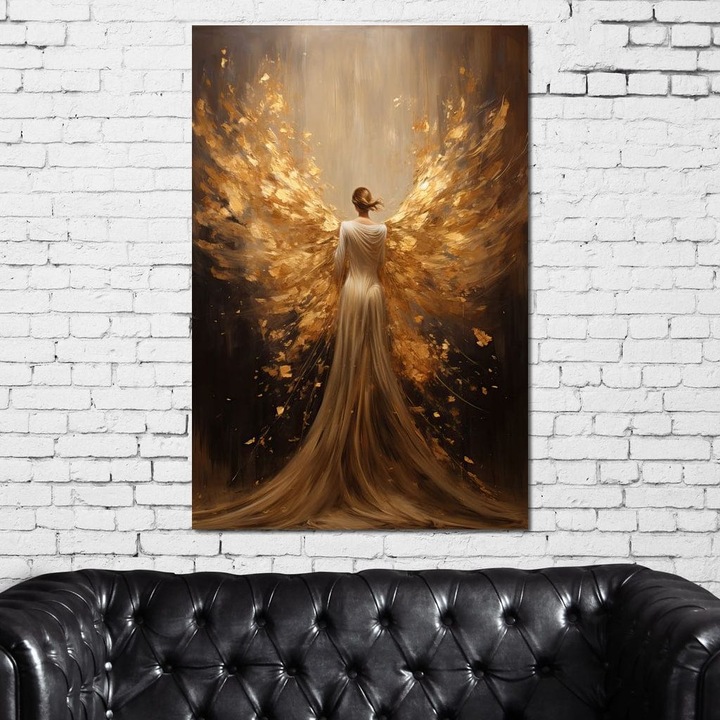 Първокласна картина на платно, LuxCanva® GX1054, Ангел на Рождеството, 90 X 140 CM, 100% памучно платно 400g/m2, Дървена рамка, Крила, Ангел, Небе, Вечен, Дух, Пламъци, Позлатен, Полет, Прераждане, Божествен, Всекидневна, Спалня