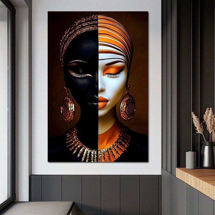 Първокласна картина на платно, LuxCanva® GX1056, Светлини и сенки, 60 X 90 CM, 100% памучно платно 400g/m2, Дървена рамка, Дуализъм, Симетрия, Разнообразие, Хармония, Мечта, Баланс, Жена, Злато, Всекидневна, Спалня