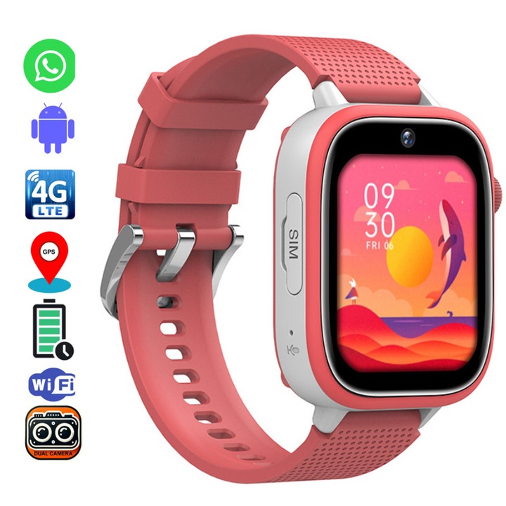 Детски смарт часовник Fudisenn, 4G, GPS, Wi-Fi, SOS бутон, 1.83" IPS дисплей, IPX7, Прецизно GPS+LBS местоположение, Червен