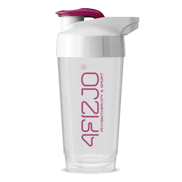 Shaker, 4FIZJO, ideal pentru nutrienti, pahar de masurare pe peretele lateral, etansare perfecta, rezistent la spalarea vaselor, material PP, dimensiuni 22 x 11,3 cm, diametru 7,4 cm, BPA FREE, greutate 150 g, capacitate 700 ml, alb/roz