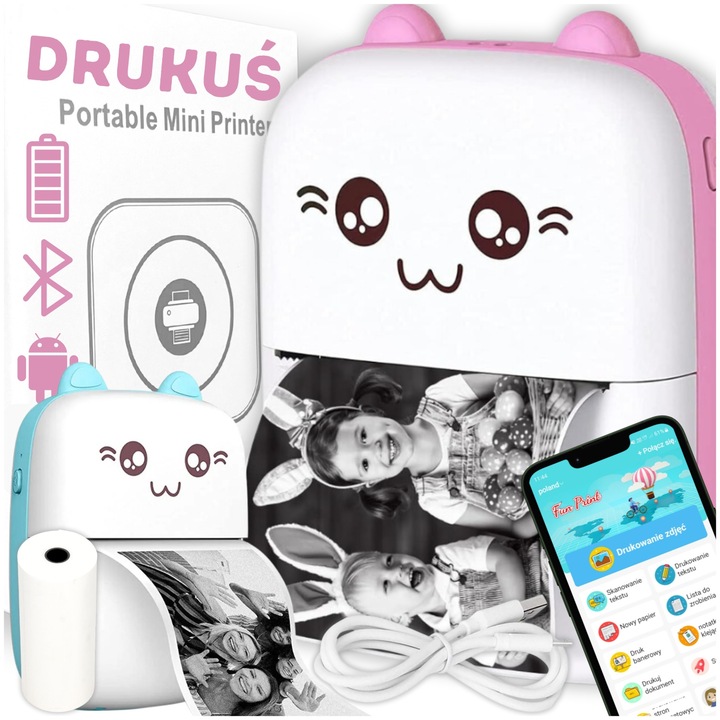 Mini imprimanta termica portabila Drukus, albastra sau roz, dimensiuni 11x8x4cm, set complet cu rola de hartie termica