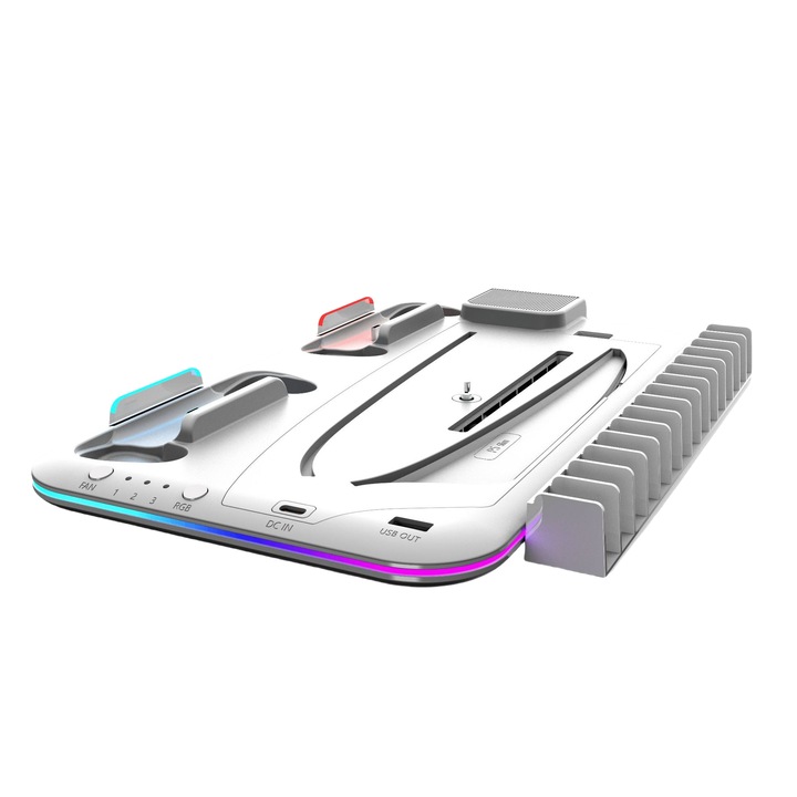 Radiator PS5 PRO, incarcare controler PS5 Slim, disc de joc si suport pentru casti, indicator luminos de incarcare, alb