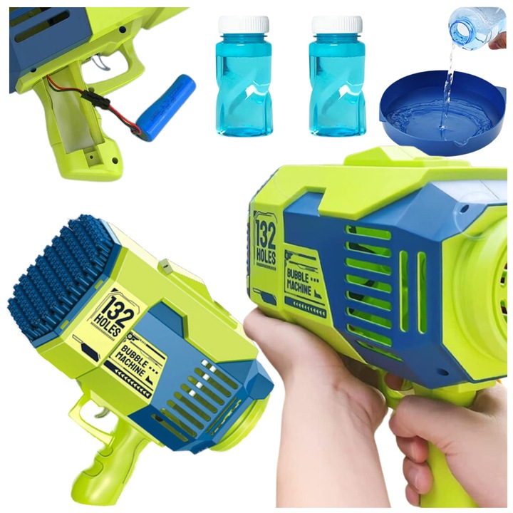 Starky buborékfújó pisztoly, Bazooka modell, 132 lyukkal, komplett készlet 2 üveg folyadékkal, akkumulátorral, 14x25x25cm