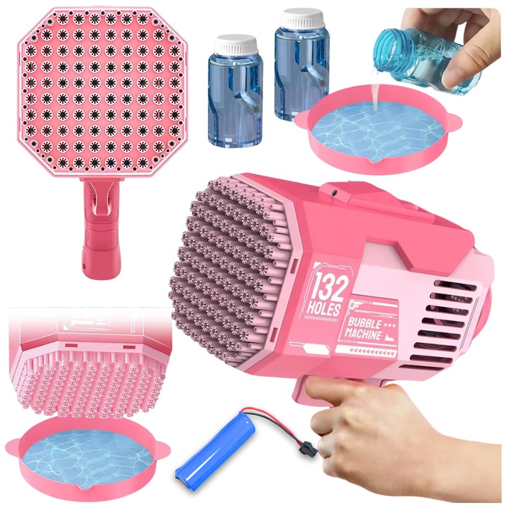 Starky buborékfújó pisztoly, 132 lyuk, komplett szett 2 üveg folyadékkal, akkumulátor, 14x25x25cm