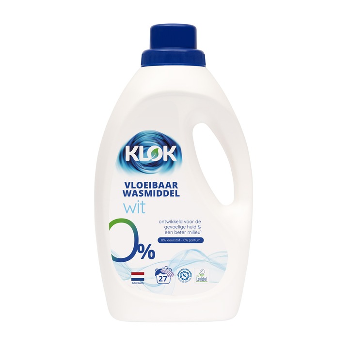 Detergent lichid KLOK pentru rufe albe 0% parfum, 0% coloranti, ecologic, 1,485 L (27 spalari)