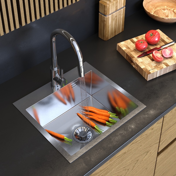 Pachet Chiuveta, Granitan, Silvo, Silvo48, Monocompartiment, Crom, Pentru Montaj Pe Blat, Dimensiuni 480x450 mm, Adancime 210 mm, Cu Sifon Manual Lux, Posibilitate De Conectare A Masinii De Spalat Sau A Masinii De Spalat Vase