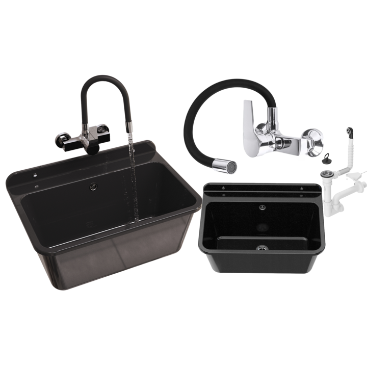 Pachet Chiuveta, Granitan, Fara Marca, Mare, Neagra, Robinet De Perete FlexCu Duza Flexibila, Negru, Sifon Monocameral Cu Preaplin, Set, 3 Elemente