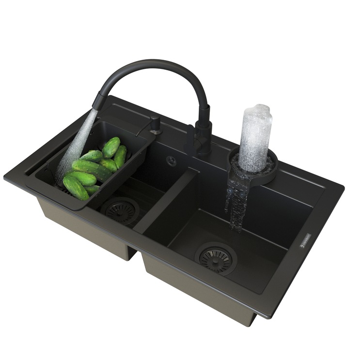 Pachet Chiuveta, Granitan, Duet, Negru, Cu Doua Cuve, Set Cu Baterie Grado Plus, Dispenser, Dus, Cos, Sifon, Impregnant Graniprotect, 746x442 mm, 180 mm Adancime, 3 Gauri Pentru Baterie