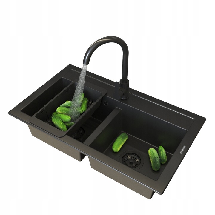 Pachet Chiuveta, Granitan, Duet, Negru, Dublu, Set Cu Baterie De Bucatarie Prestige Plus, Cos Pliabil, Sifon Manual, Impregnant Graniprotect