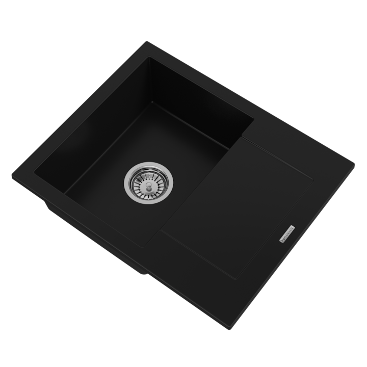 Pachet Chiuveta, Granitan, Bello, Neagra, Un Compartiment, Cu Suport Pentru Vase, Incastrata In Blat, Cu Sifon Manual Cromat, Impregnant Graniprotect, 570x470 mm, Posibilitate De Conectare A Masinii De Spalat Vase Sau A Masinii De Spalat Rufe