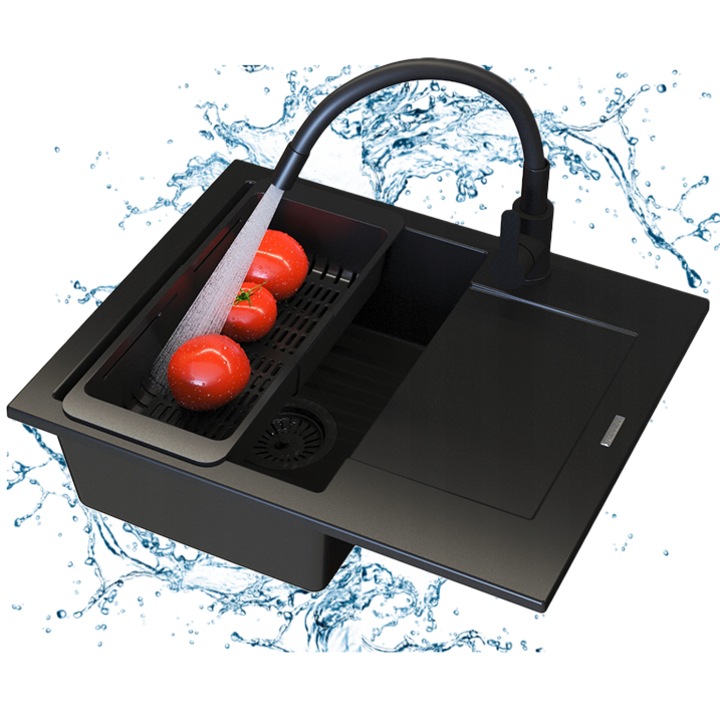 Pachet Chiuveta, Granitan, Bello, Negru, Un Compartiment, Incastrat In Blat, Set Cu Baterie De Bucatarie Grado Plus, Sifon Manual, Suport Telescopic Pentru Vase, Impregnant Graniprotect