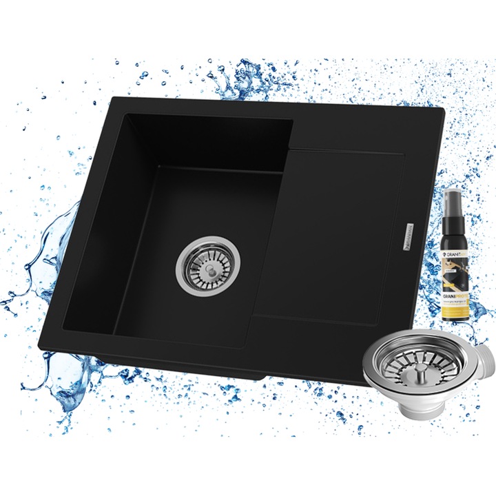Pachet Chiuveta, Granitan, Bello, Neagra, Un Compartiment, Cu Suport Pentru Vase, Incastrata In Blat, Cu Sifon Manual Cromat, Impregnant Graniprotect, 570x470 mm, Posibilitate De Conectare A Masinii De Spalat Vase Sau A Masinii De Spalat Rufe
