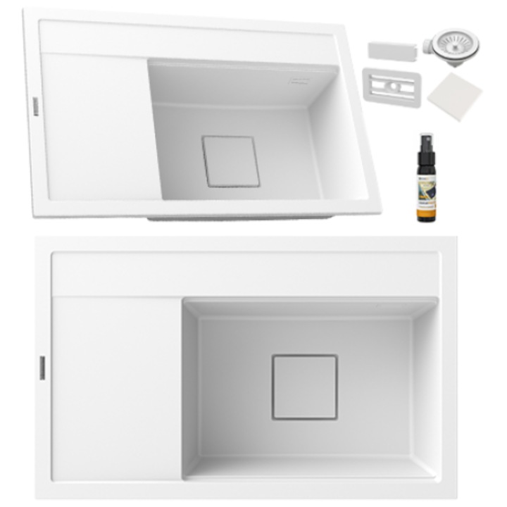 Pachet Chiuveta, Granitan, Rendo, Alb, Un Compartiment Cu Scurgere, Cu Sifon Manual Si Impregnare Graniprotect, 810x505 mm, Compartiment Drept, Set