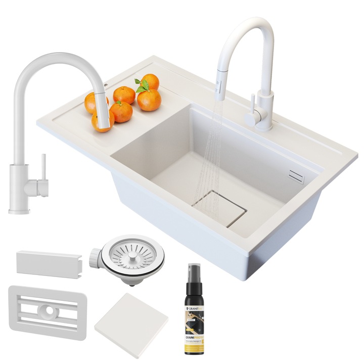 Pachet Chiuveta, Granitan, Rendo, Alb, Un Compartiment Cu Suport Pentru Vase, Set Cu Sifon Manual, Robinet De Bucatarie Loseto Si Impregnator Graniprotect, 810x505 mm, Compartiment Drept