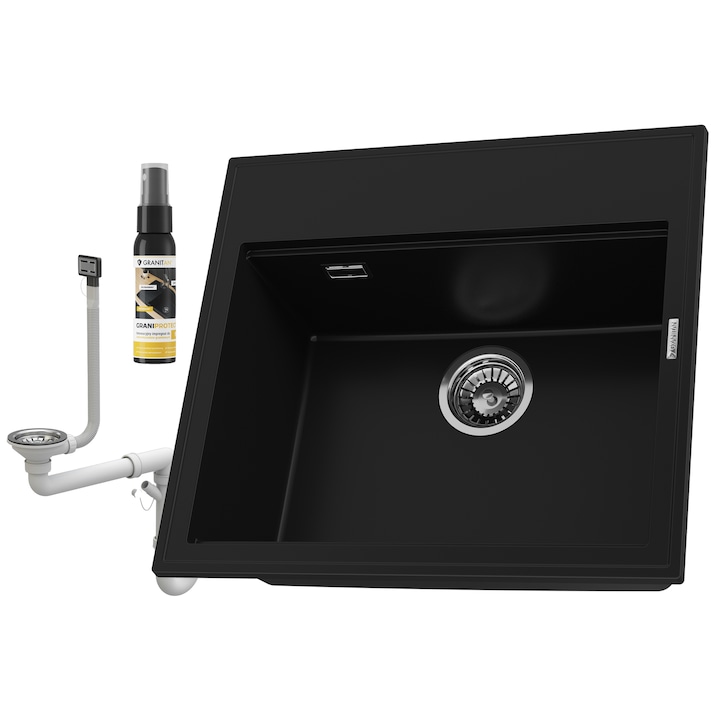 Pachet Chiuveta, Granitan, Verno, Cu O Singura Cuva, Neagra, Cu Sifon Manual Si Preaplin Dreptunghiular, Impregnant Graniprotect, 560x510 mm, Incastrata In Blat, Set 3 Elemente