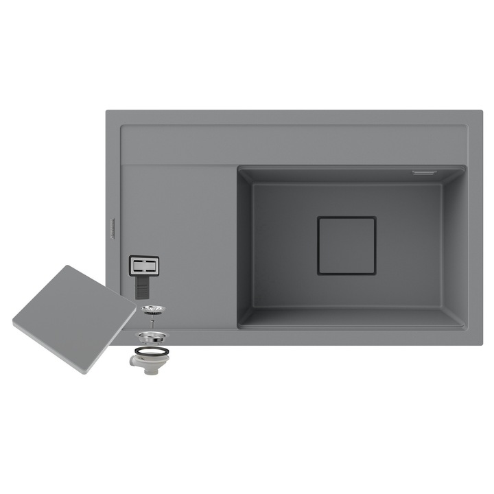 Pachet Chiuveta, Granitan, Rendo, Gri, Cu Un Singur Bazin Si Suport Pentru Apa, Capac De Scurgere, Dimensiuni 810x505 mm, Adancimea Bazinului 220 mm, Diametrul Scurgerii 90 mm, Material 80% Granit, 20% Acril, Sifon Manual De Perete Inclus